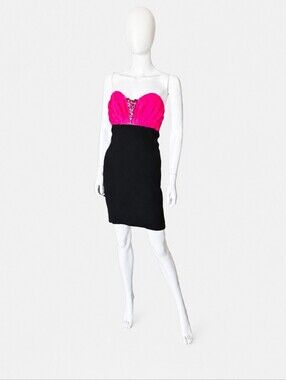 ANDREW GN | Silk Bustier Mini Dress Pink Black Crystal Strapless Cocktail FR 36